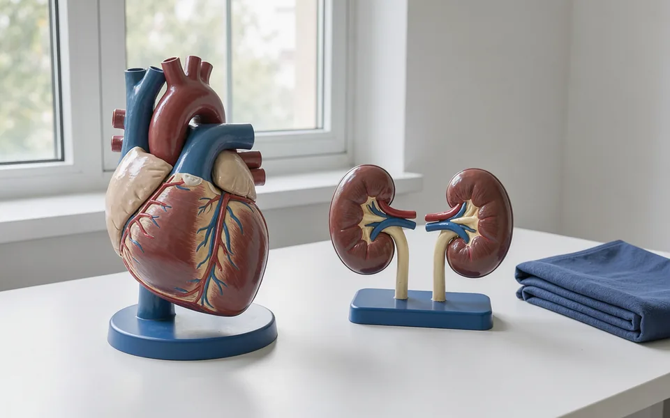 Anatomical teaching models of a heart and two kidneys on a white tabletop