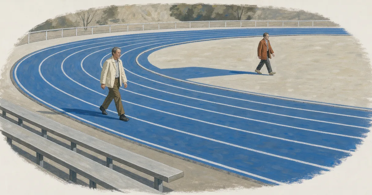 Gouache illustration of two adults walking at different points around a blue running track