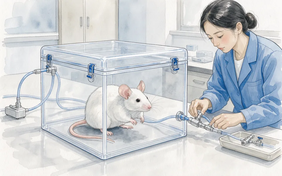 A mouse inside a transparent metabolic observation chamber beside a technician’s hands